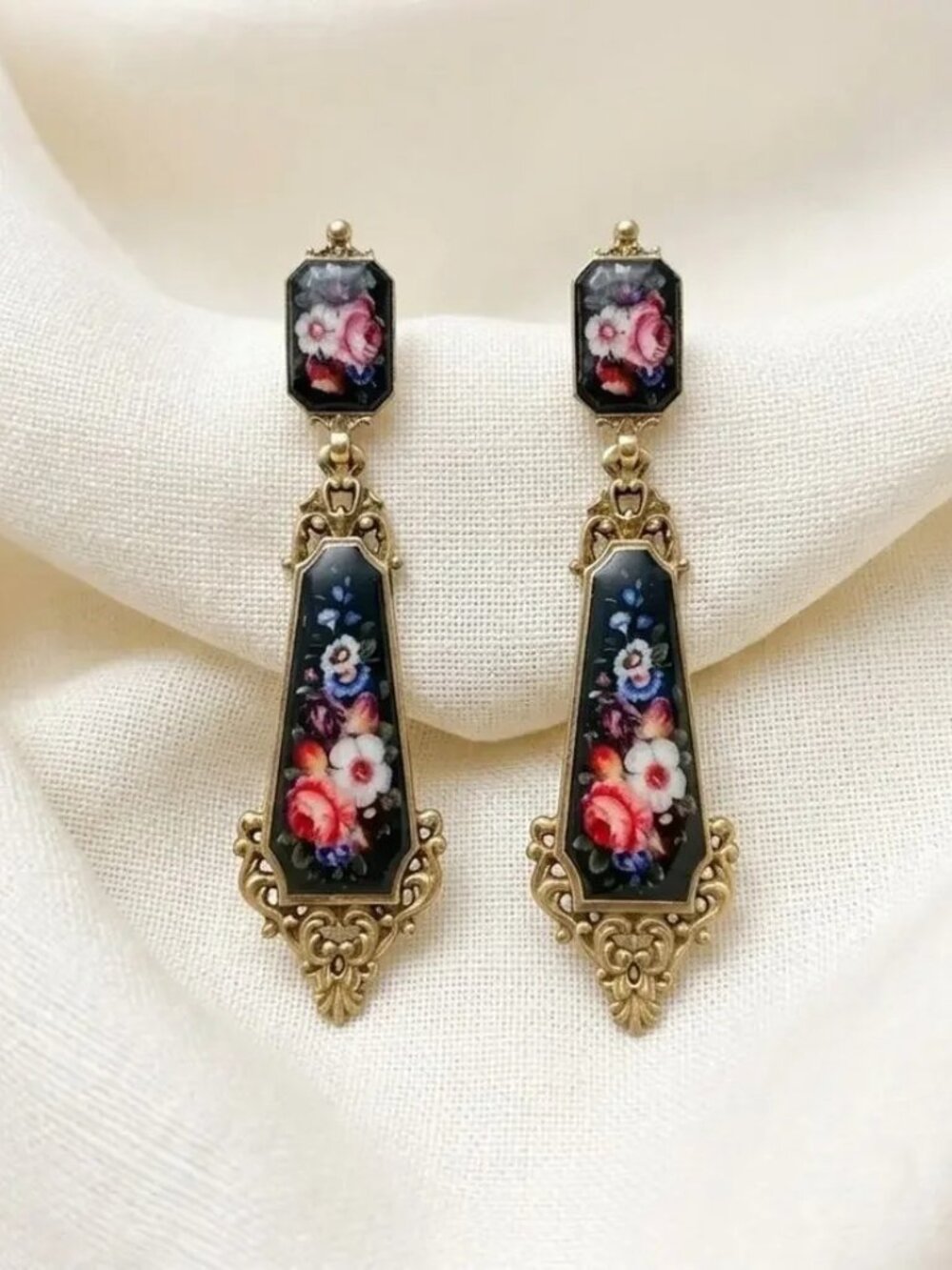 Antique Flower Court Museum Earrings Art Deco Black Peonies Nouveau VTG CZ Boho